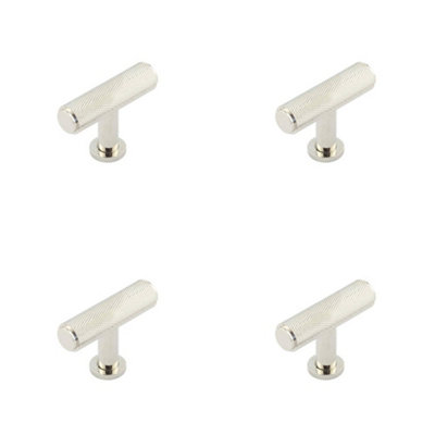 4 PACK Premium Knurled T Bar Cupboard Knob in Polished Nickel - Kitchen Cabinet Knob