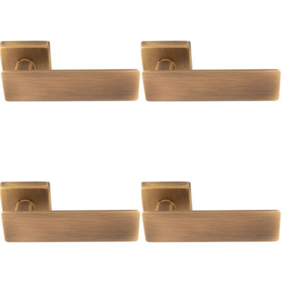 4 PACK - Premium Large Flat Door Handle Set - Antique Brass Designer Lever on Square Rose