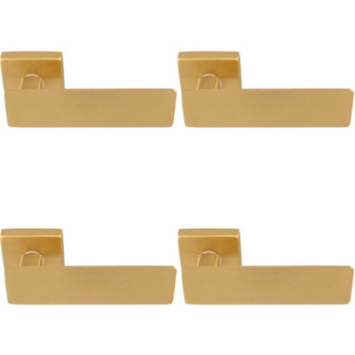4 PACK - Premium Large Flat Door Handle Set - Satin Brass Designer Lever on Square Rose