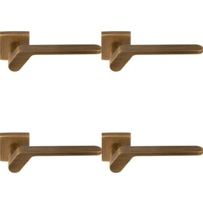 4 PACK - Premium Modern Slim Door Handle Set - Antique Brass Angled Lever on Square Rose