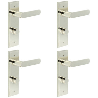 4 PACK Premium Polished Nickel Bathroom Door Handle with Backplate and Turn Release - Solid Brass Interior Handle