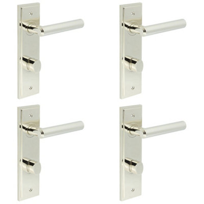 4 PACK Premium Polished Nickel Bathroom Door Handle with Backplate and Turn Release - Solid Brass Interior Lever