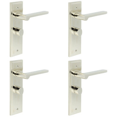 4 PACK Premium Polished Nickel Bathroom Door Handle with Backplate and Turn Release - Solid Brass Internal Handle