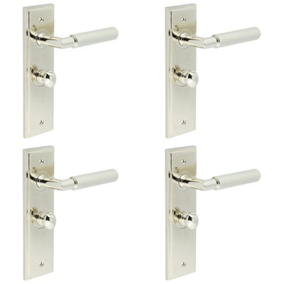 4 PACK Premium Polished Nickel Bathroom Door Handle with Backplate - Solid Brass Interior Handle