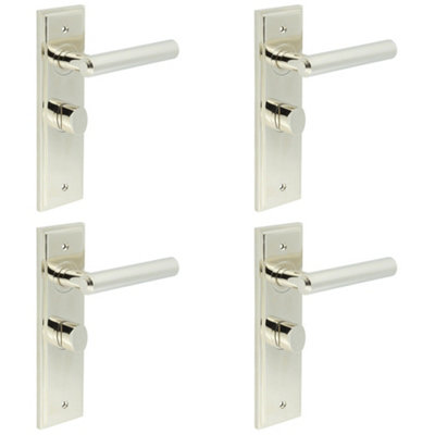 4 PACK Premium Polished Nickel Bathroom Door Handle with Backplate Turn Release - Solid Brass Interior Lever