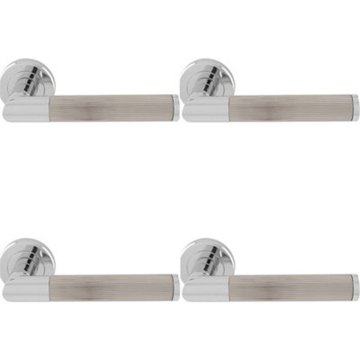 4 PACK - Premium Reeded Lined Door Handle Set - Chrome & Nickel Designer Lever Round Rose