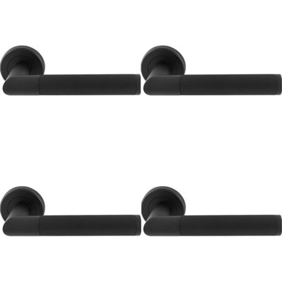 4 PACK - Premium Reeded Lined Door Handle Set - Matt Black Designer Lever Round Rose