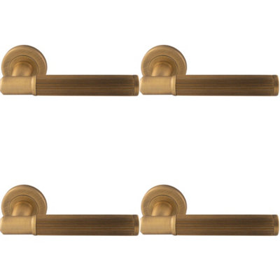 4 PACK - Premium Reeded Lines Door Handle Set - Antique Bass Designer Lever Round Rose