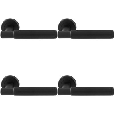 4 PACK - Premium Reeded Lines Door Handle Set - Matt Black Designer Lever Round Rose