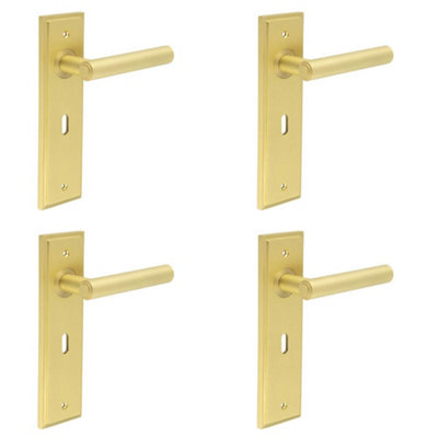 4 PACK Premium Satin Brass Door Handle Lock Backplate - Solid Brass Interior Lever