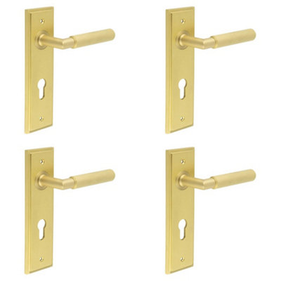 4 PACK Premium Satin Brass Euro Backplate Door Handle with Lever - Solid Brass Interior Handle