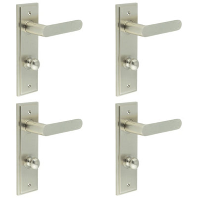 4 PACK Premium Satin Nickel Door Handle with Backplate for Bathrooms - Solid Brass Interior Handle