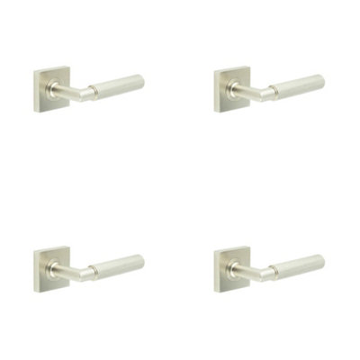 4 PACK Premium Satin Nickel Door Handle with Square Rose - Solid Brass Interior Handle