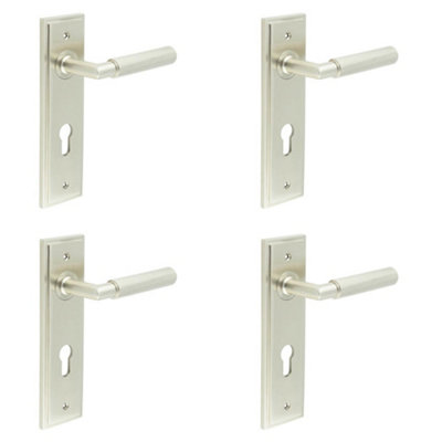 4 PACK Premium Satin Nickel Euro Door Handle with Backplate - Solid Brass Interior Handle