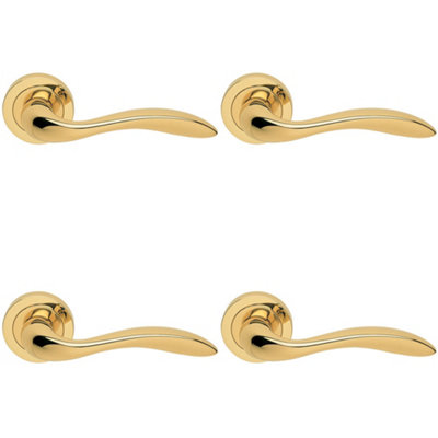 4 PACK - Premium Scroll Door Handle Set - Polished Brass Elegant Lever on Round Rose