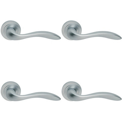 4 PACK - Premium Scroll Door Handle Set - Satin Chrome Elegant Lever on Round Rose