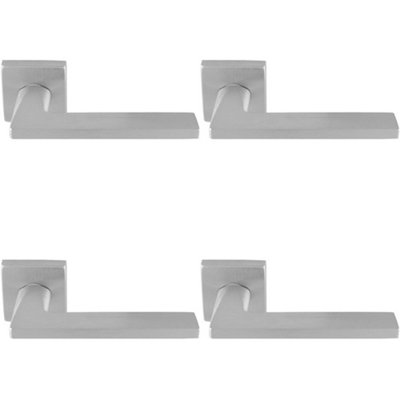 4 PACK - Premium Sleek Slim Door Handle Set - Satin Chrome Angled Lever on Square Rose