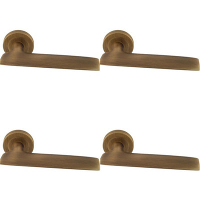 4 PACK - Premium Slim Flat Door Handle Set - Antique Brass Designer Lever on Round Rose