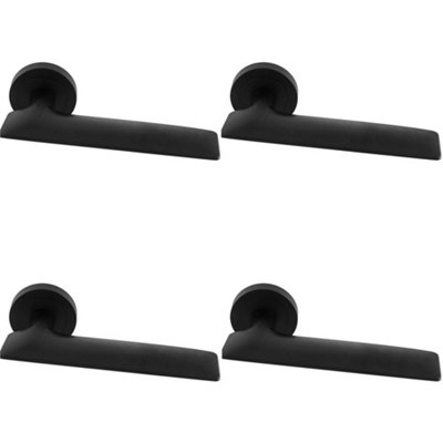 4 PACK - Premium Slim Flat Door Handle Set - Matt Black Designer Lever on Round Rose