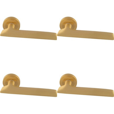 4 PACK - Premium Slim Flat Door Handle Set - Satin Brass Designer Lever on Round Rose