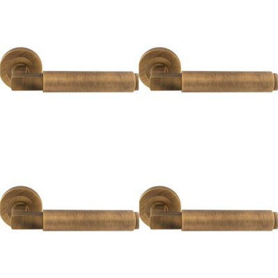 4 PACK - Premium Smooth Door Handle Set - Antique Brass Angled Lever on Round Rose