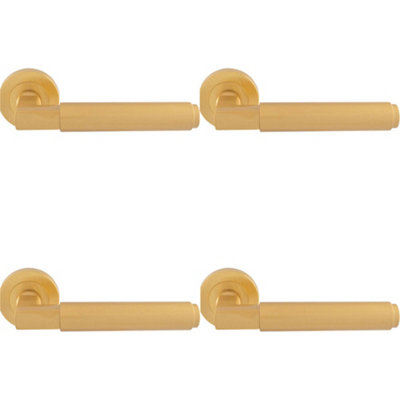 4 PACK - Premium Smooth Door Handle Set - Satin Brass Angled Lever on Round Rose