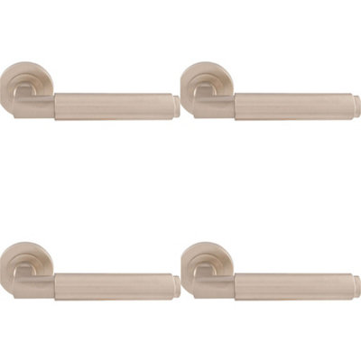4 PACK - Premium Smooth Door Handle Set - Satin Nickel Angled Lever on Round Rose