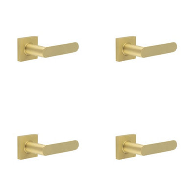 4 PACK Premium Square Door Handle in Satin Brass Finish - Solid Brass Interior Handle