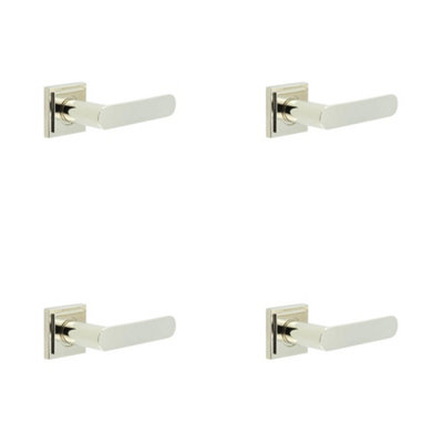 4 PACK Premium Square Stepped Door Handle in Polished Nickel Finish - Solid Brass Interior Handle