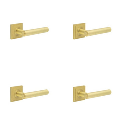 4 PACK Premium Square Stepped Door Handle in Satin Brass Finish - Solid Brass Interior Handle