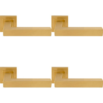 4 PACK - Premium Straight Door Handle Set - Satin Brass Designer Lever on Square Rose