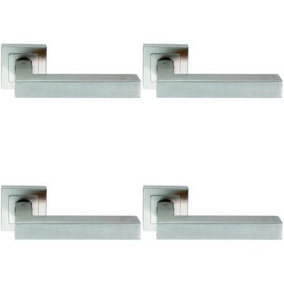 4 PACK - Premium Straight Door Handle Set - Satin Steel Designer Lever on Square Rose