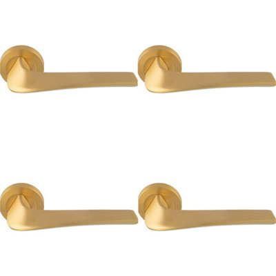 4 PACK - Premium Twisted Bar Door Handle Set - Satin Brass Designer Lever on Round Rose