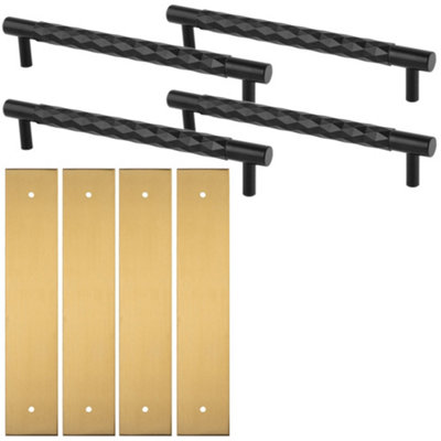 4 PACK - Pull Handle & Contrasting Backplate Set - Designer Diamond T Bar - Matt Black & Satin Brass