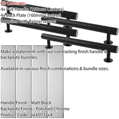 4 PACK - Pull Handle & Contrasting Backplate Set - Hammered Round T Bar - Matt Black & Chrome