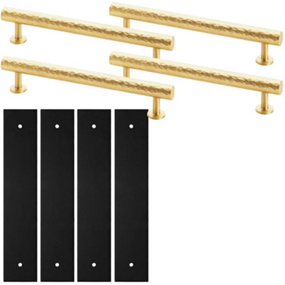 4 PACK - Pull Handle & Contrasting Backplate Set - Hammered Round T Bar - Satin Brass & Black