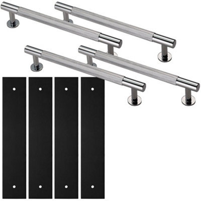 4 PACK - Pull Handle & Contrasting Backplate Set - Knurled Round T Bar - Polished Chrome & Black
