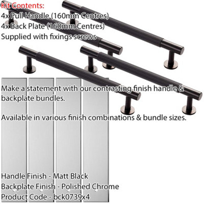 4 PACK - Pull Handle & Contrasting Backplate Set - Reeded Lined T Bar - Matt Black & Chrome
