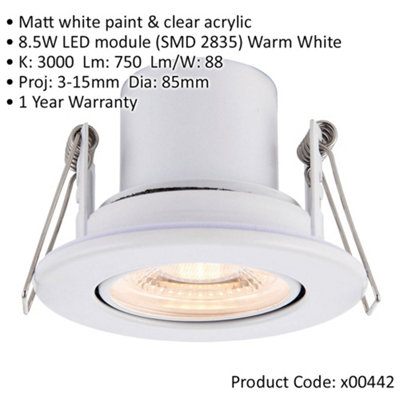 4 PACK Recessed Tiltable Ceiling Downlight - 8.5W Warm White LED - Matt White