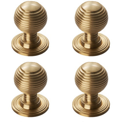 4 PACK - Reeded Ball Door Knob - 23mm Satin Brass Brass Lined Cupboard Pull Handle & Rose