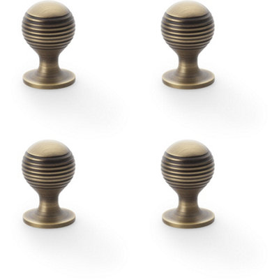 4 PACK - Reeded Ball Door Knob - 25mm Diameter Antique Brass Lined Cupboard Pull Handle