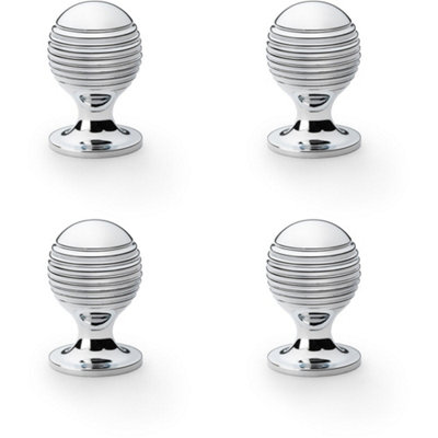 4 PACK - Reeded Ball Door Knob - 25mm Diameter Polished Chrome Lined Cupboard Pull Handle