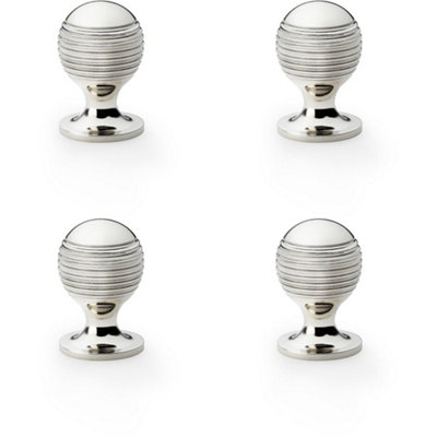 4 PACK - Reeded Ball Door Knob - 25mm Diameter Polished Nickel Lined Cupboard Pull Handle