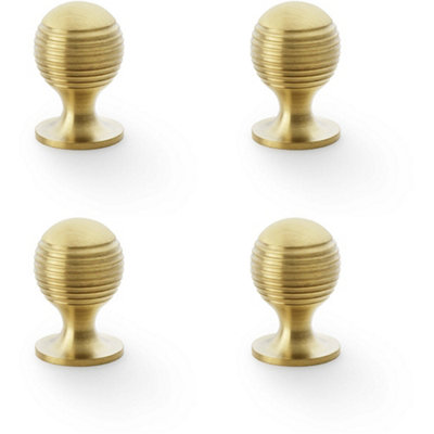 4 PACK - Reeded Ball Door Knob - 25mm Diameter Satin Brass Lined Cupboard Pull Handle