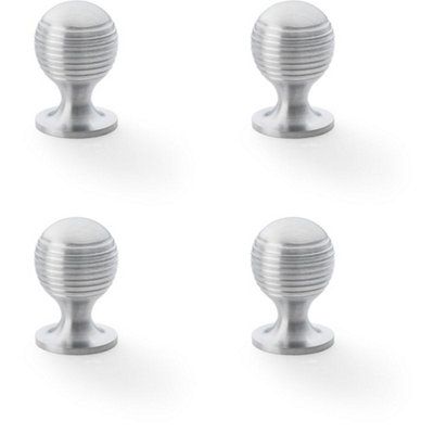 4 PACK - Reeded Ball Door Knob - 25mm Diameter Satin Chrome Lined Cupboard Pull Handle