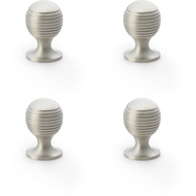 4 PACK - Reeded Ball Door Knob - 25mm Diameter Satin Nickel Lined Cupboard Pull Handle