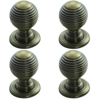 4 PACK - Reeded Ball Door Knob - 28mm Florentine Bronze Lined Cupboard Pull Handle & Rose