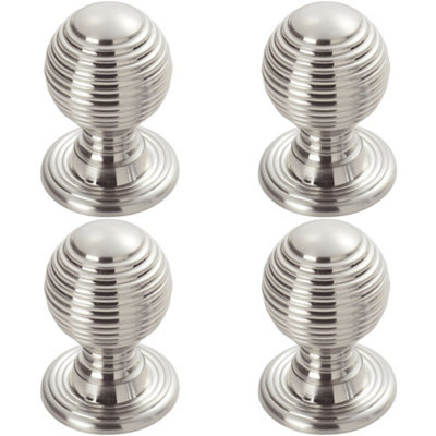 4 PACK - Reeded Ball Door Knob - 28mm Polished Chrome Lined Cupboard Pull Handle & Rose