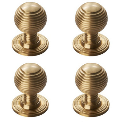 4 PACK - Reeded Ball Door Knob - 28mm Satin Brass Lined Cupboard Pull Handle & Rose