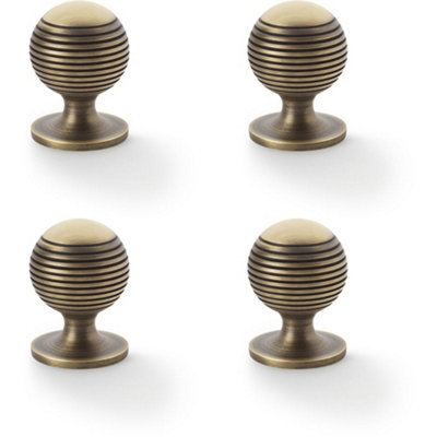 4 PACK - Reeded Ball Door Knob - 32mm Diameter Antique Brass Lined Cupboard Pull Handle